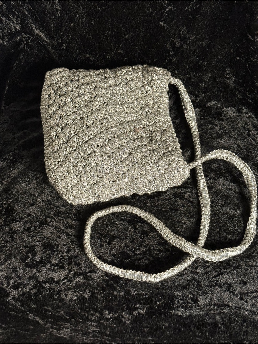 Hand-Crocheted Mini Crossbody Bag in Silver-Gray 7”by 7” hands free wear